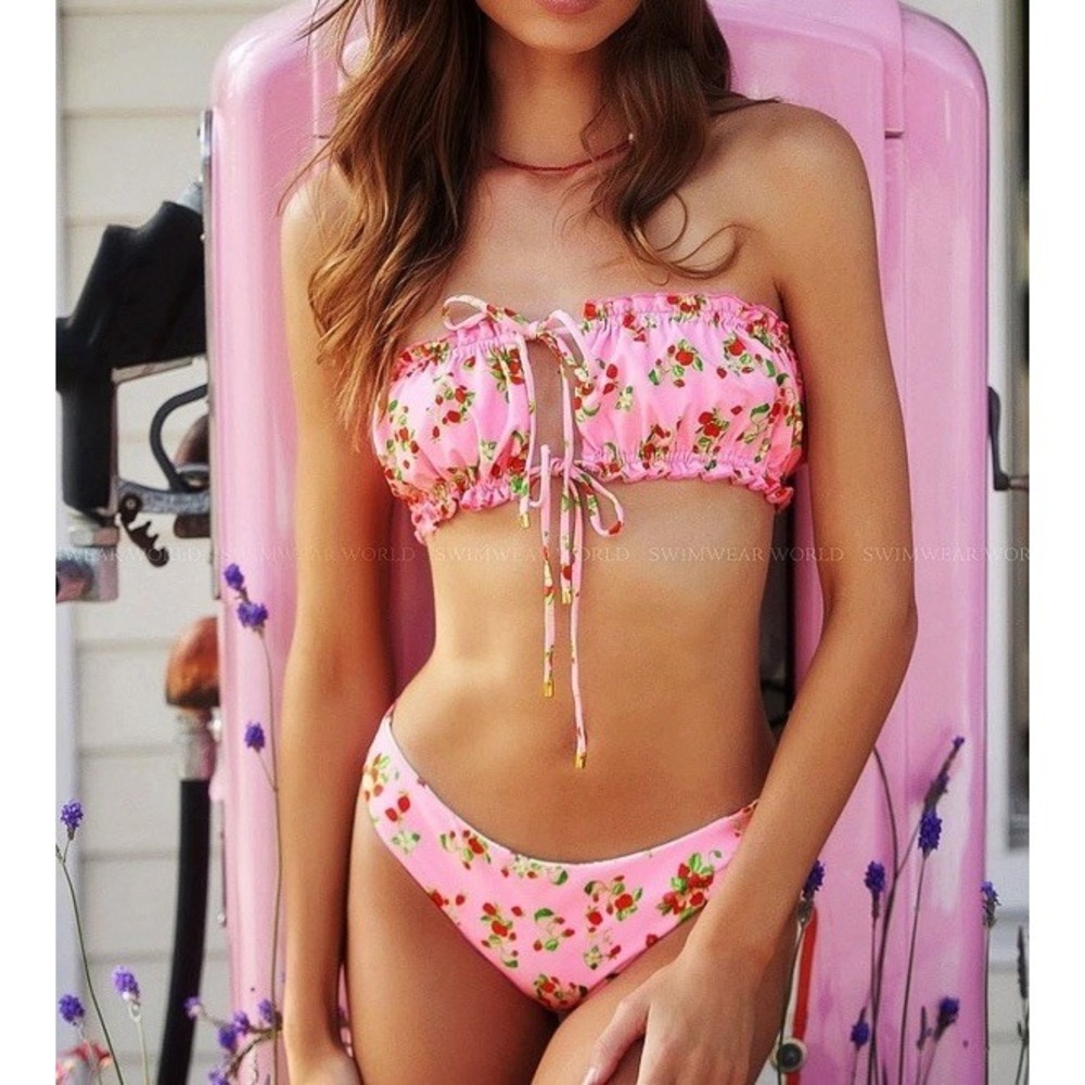 PQ Swim Remi Ruched Bandeau Bikini Top Strawberry Print Pink NWT Size S